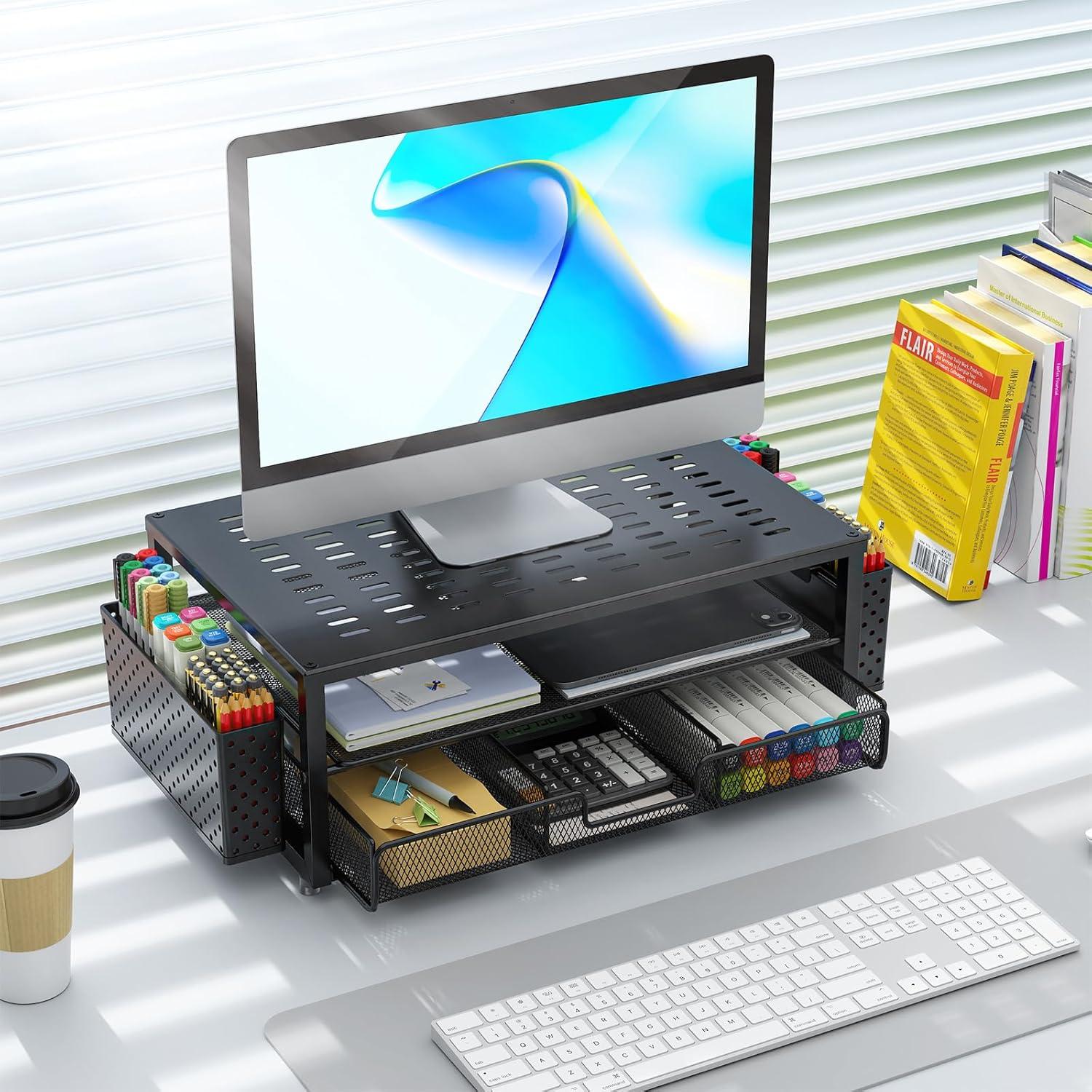 Soporte para Monitor Gianotter con Cajón y Sujetapapeles Negro