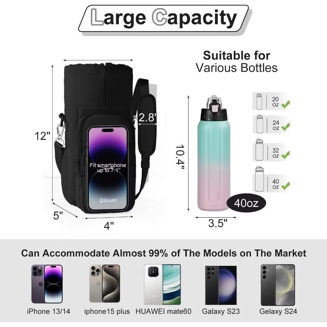 Water Bottle Holder with Strap, 4 Big Pockets with Compartment, 24oz/32oz/40oz Crossbody Water Bottle Carrier Bag