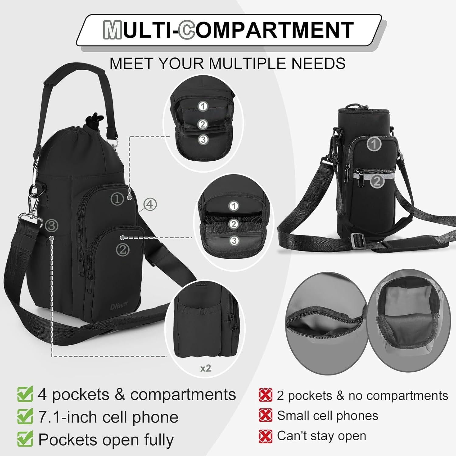 Water Bottle Holder with Strap, 4 Big Pockets with Compartment, 24oz/32oz/40oz Crossbody Water Bottle Carrier Bag