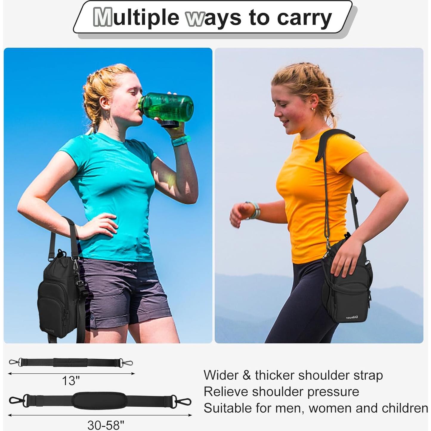 Water Bottle Holder with Strap, 4 Big Pockets with Compartment, 24oz/32oz/40oz Crossbody Water Bottle Carrier Bag