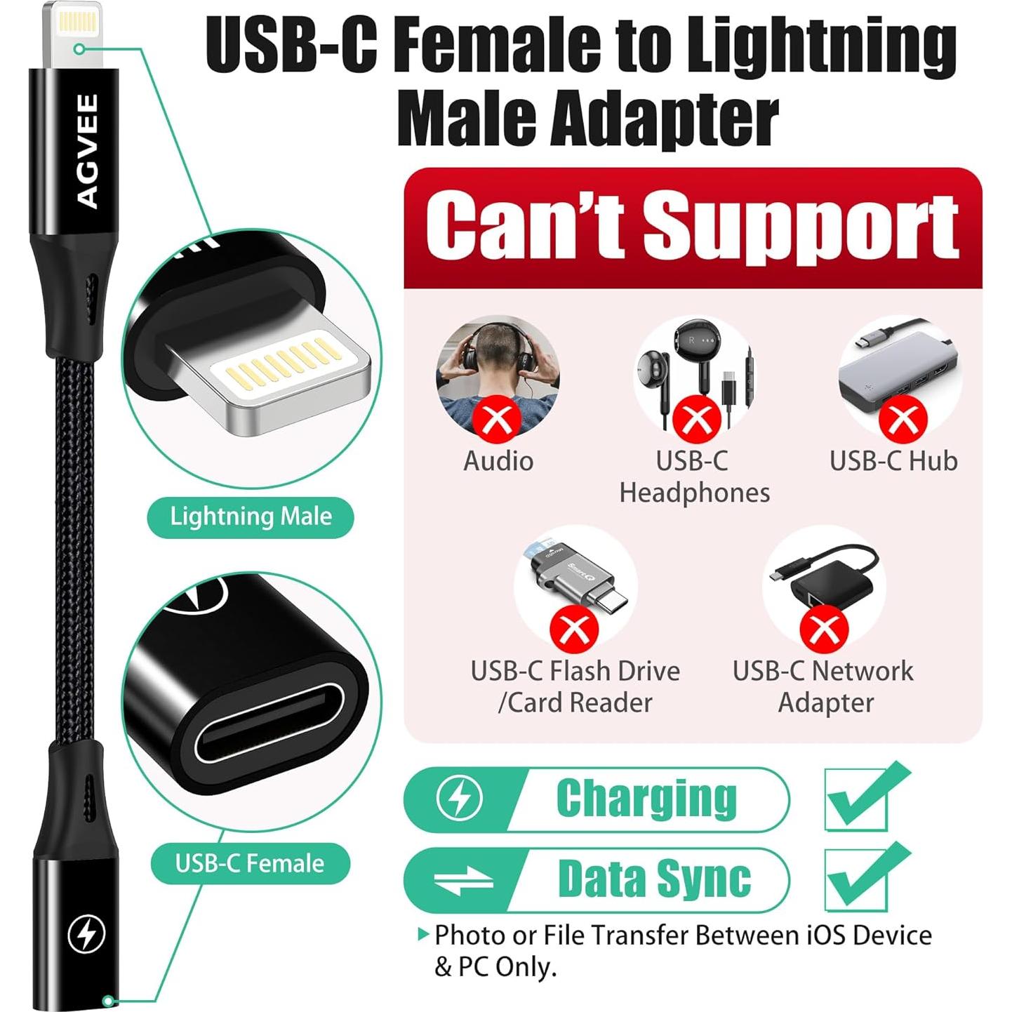 Adaptador USB-C a Lightning AGVEE 4" 30W Carga Rápida Negro