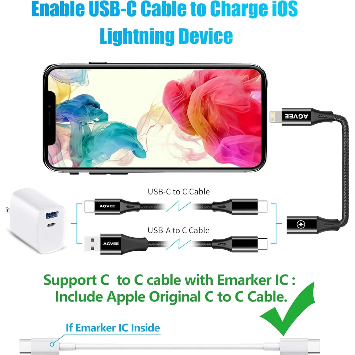 Adaptador USB-C a Lightning AGVEE 4" 30W Carga Rápida Negro