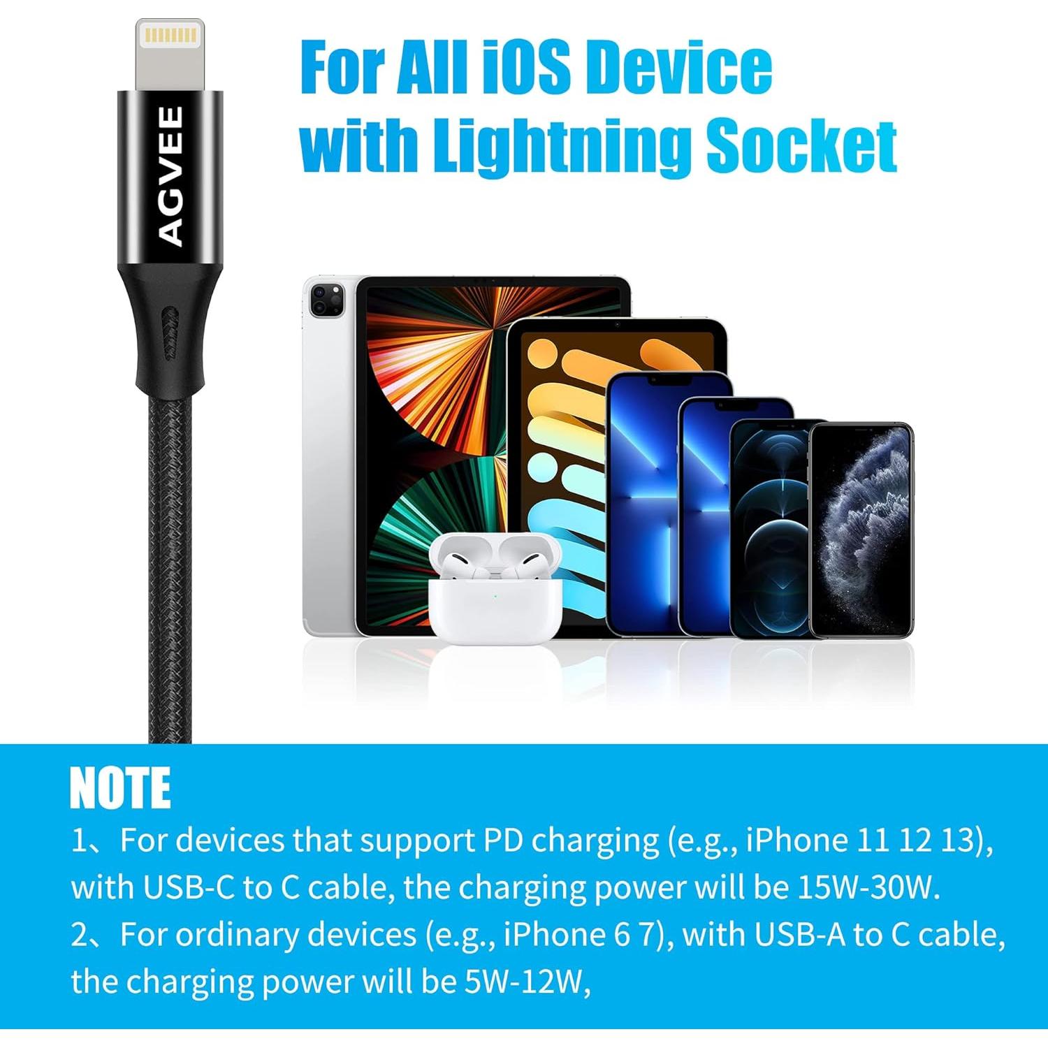 Adaptador USB-C a Lightning AGVEE 4" 30W Carga Rápida Negro