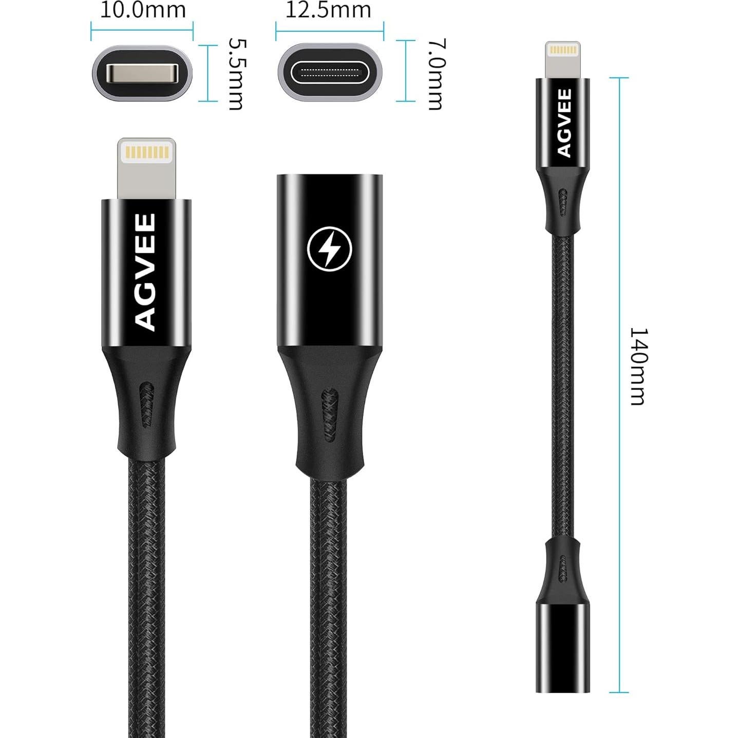 Adaptador USB-C a Lightning AGVEE 4" 30W Carga Rápida Negro