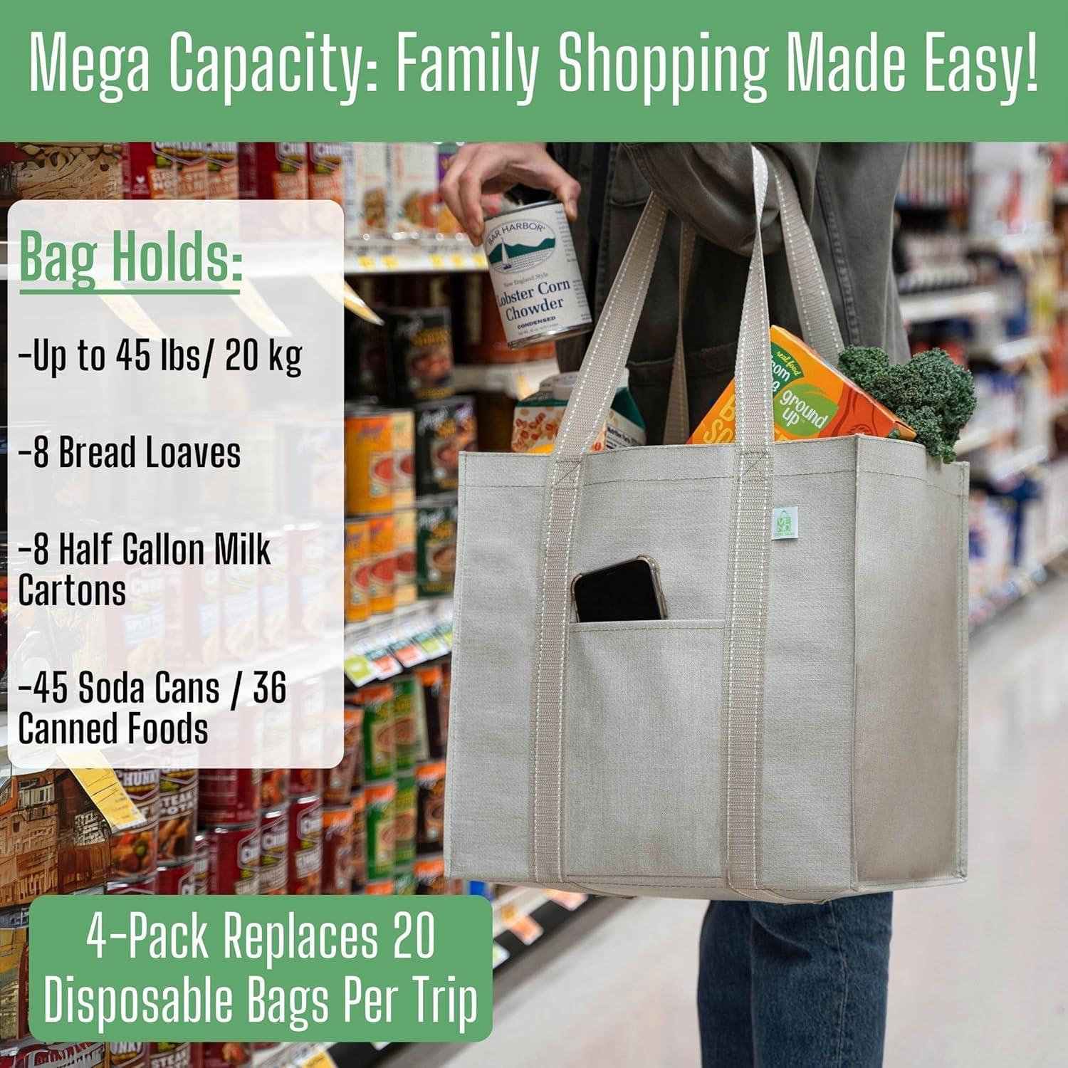 VENO 4 Bolsas de Compras Reutilizables con Fondo Duro 34L