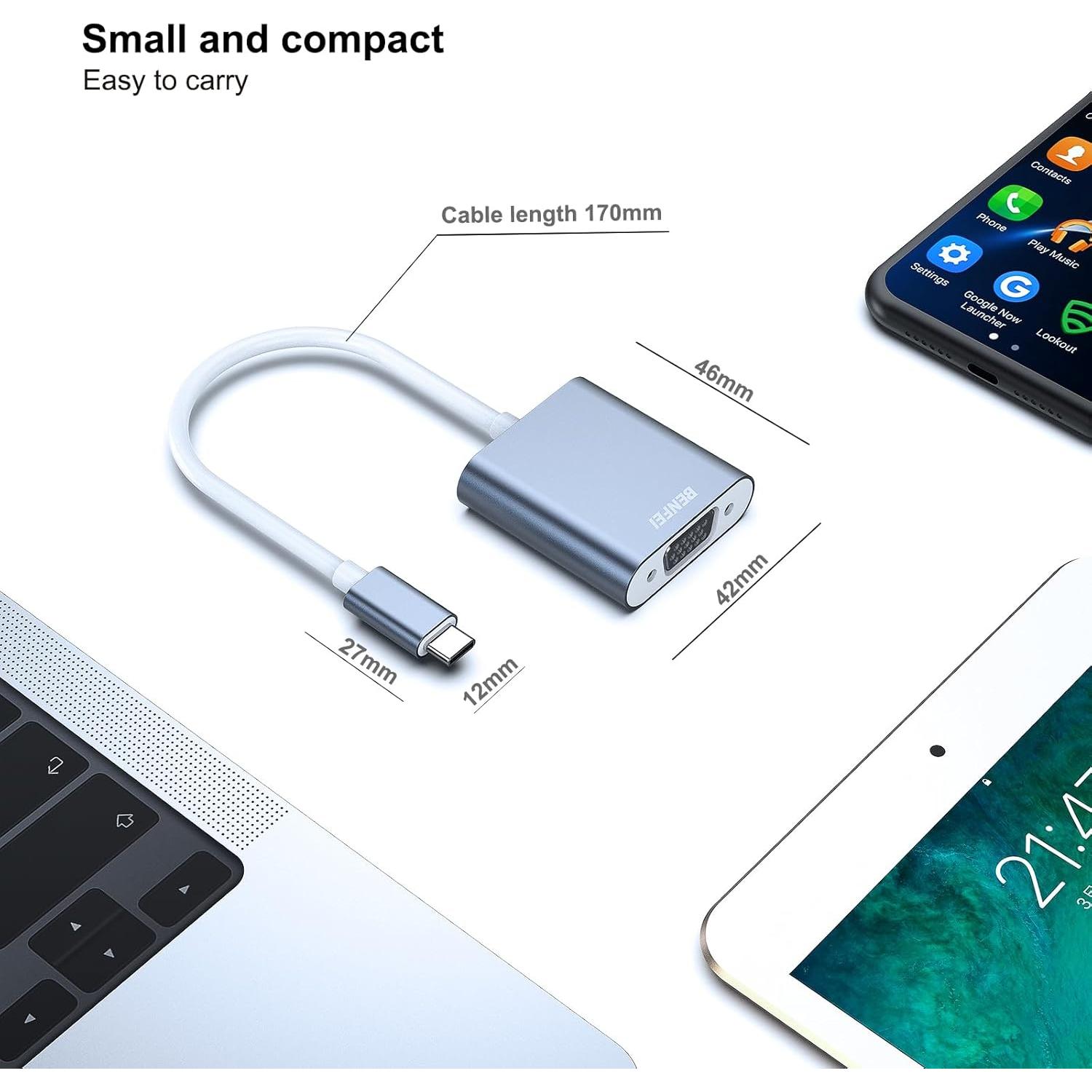 Adaptador BENFEI USB-C a VGA Gris - Compatible con MacBook y iPhone