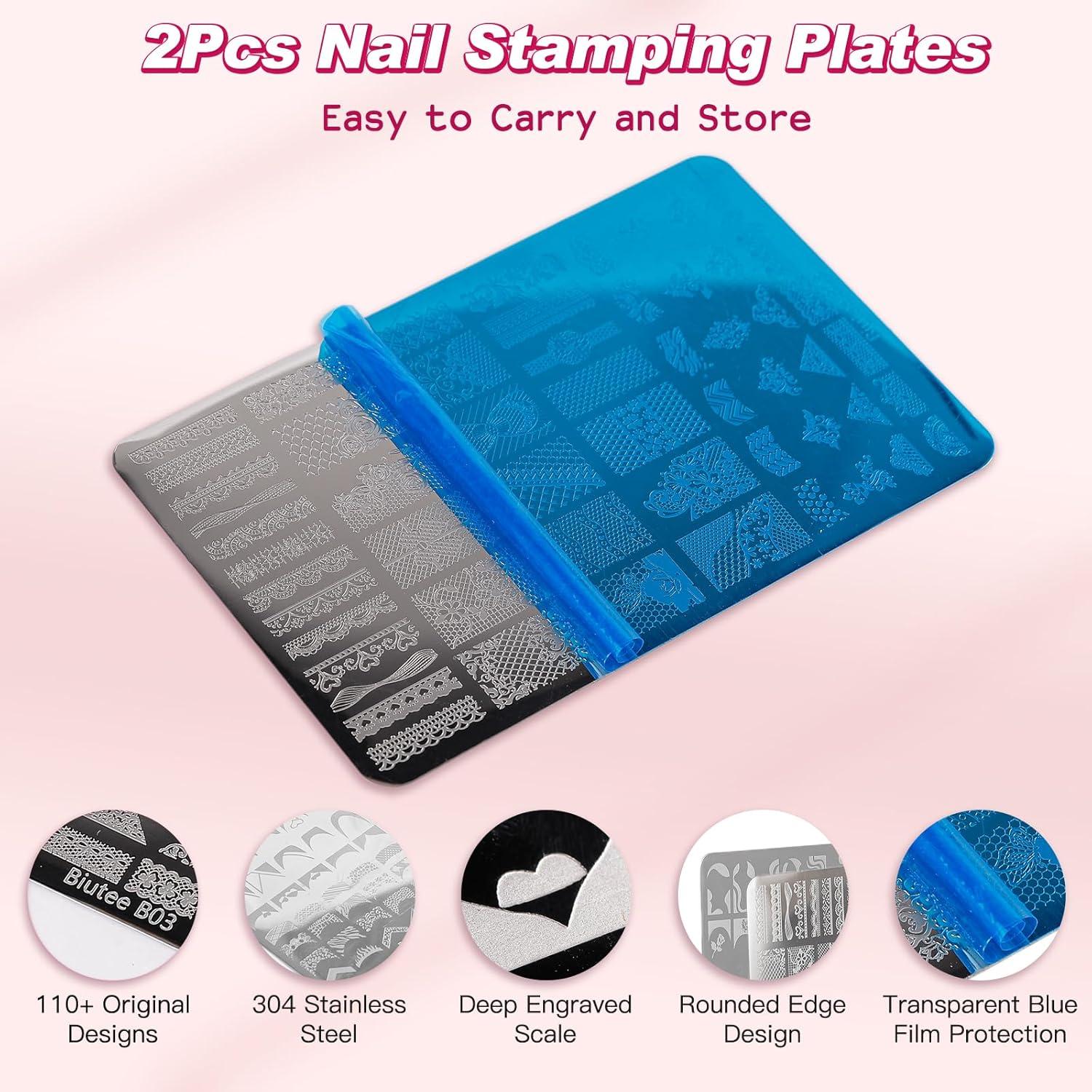 Kit de Estampado de Uñas Biutee 2 Placas + Stamper + Raspador