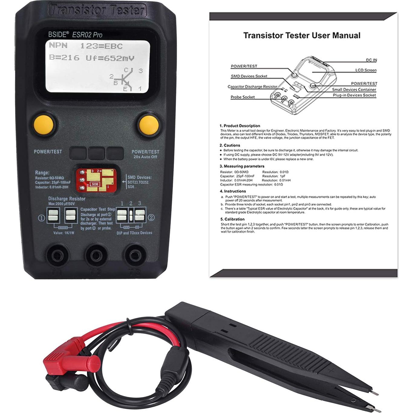 Comprobador de Transistores BSIDE ESR02 PRO con Pinzas