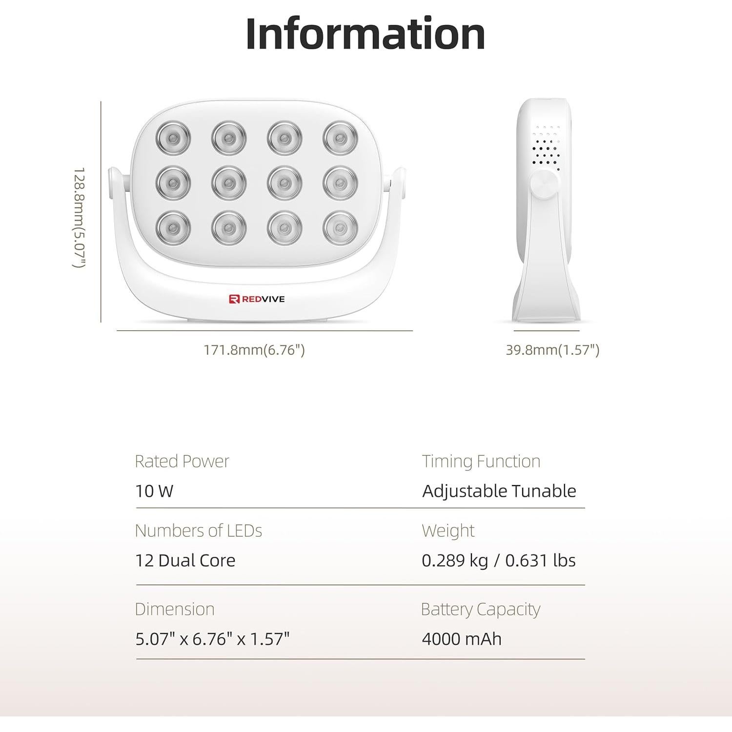 Terapia de Luz Roja Portátil REDVIVE RLA040 12 LEDs 660nm 850nm