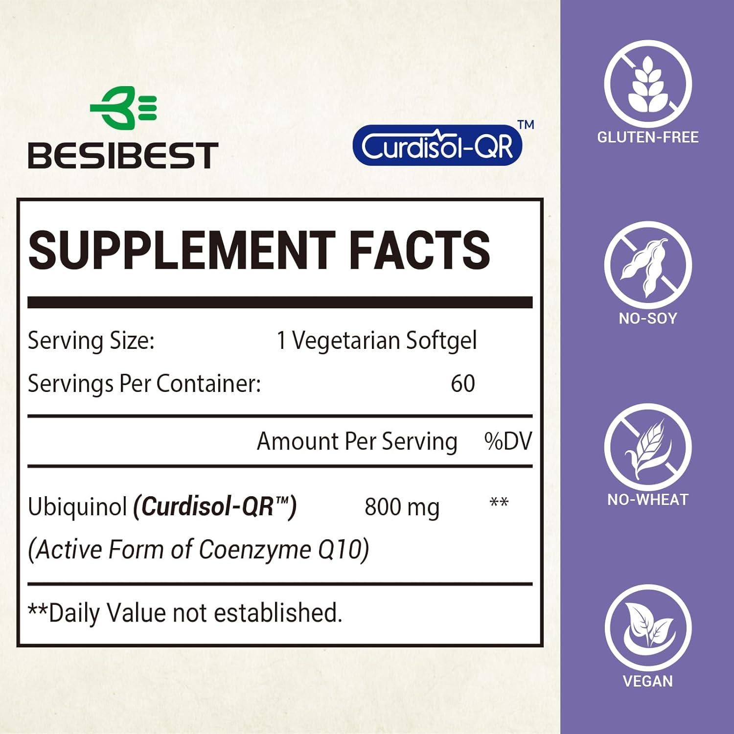 Suplemento Ubiquinol CoQ10 800mg Besibest 60 Softgels Veganas