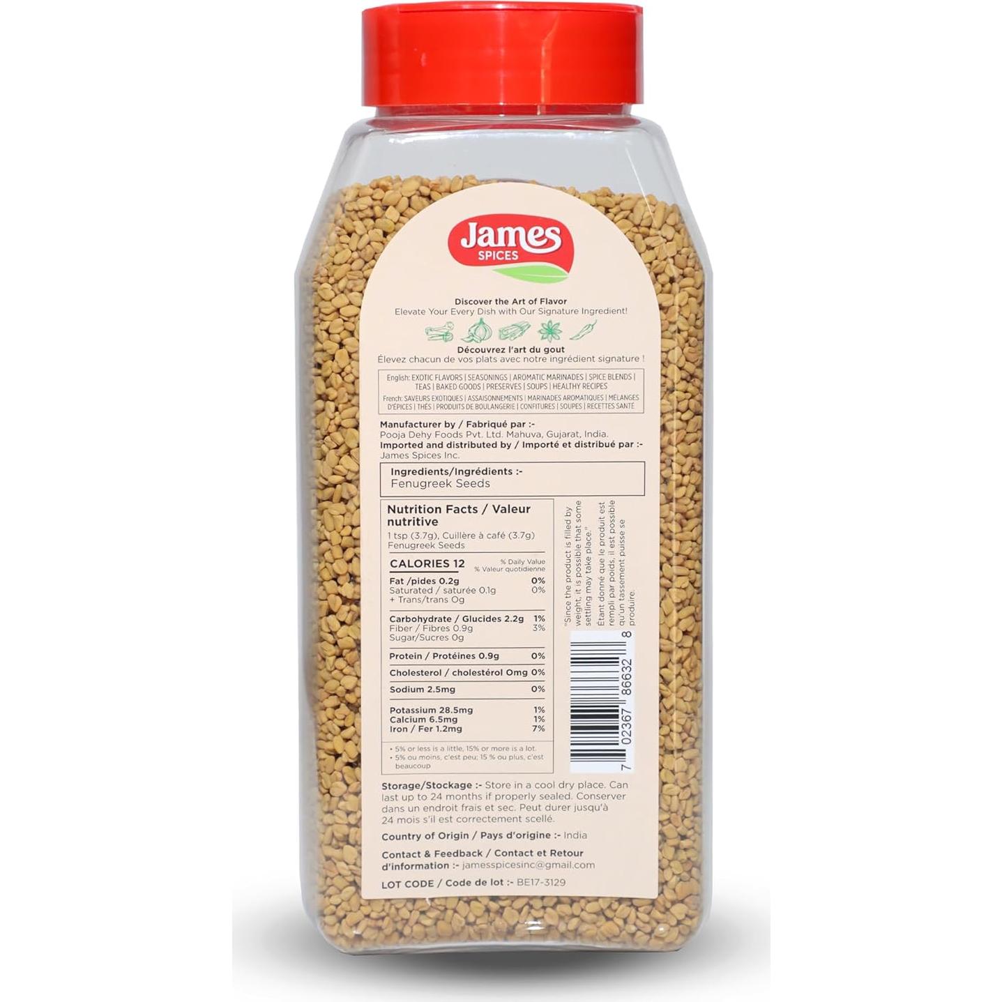 Semillas de Fenogreco James Spices Inc. 700g - Calidad Premium