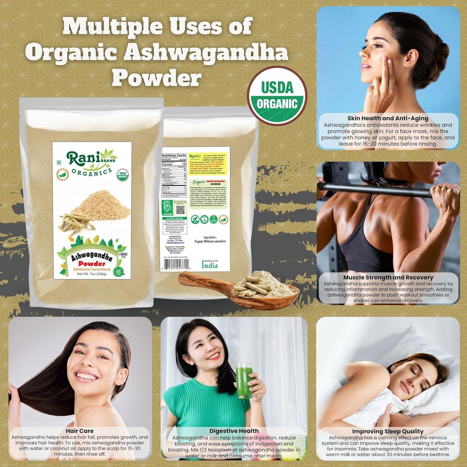 Polvo de Ashwagandha Orgánico Rani 200g - Sin Gluten, Vegano