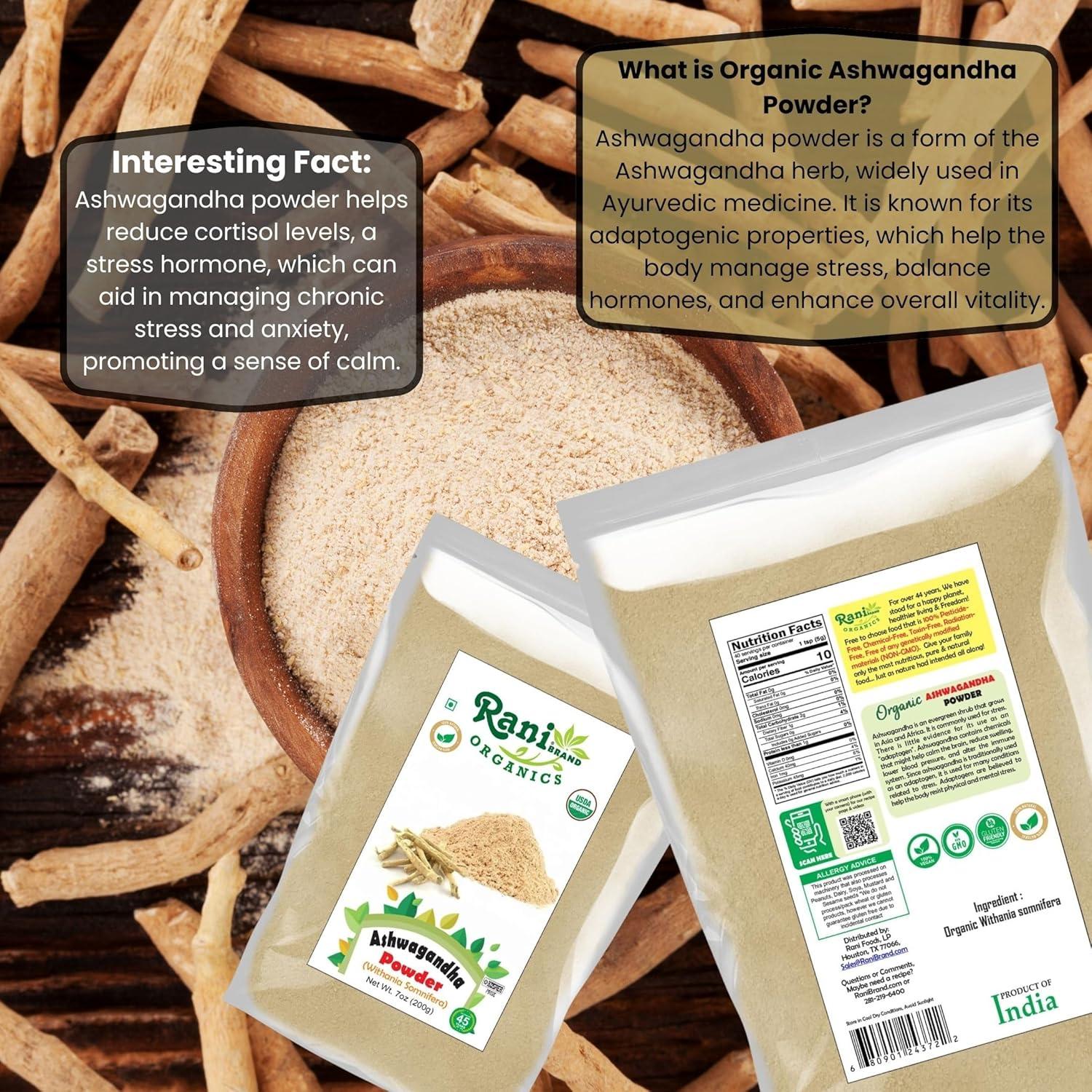 Polvo de Ashwagandha Orgánico Rani 200g - Sin Gluten, Vegano