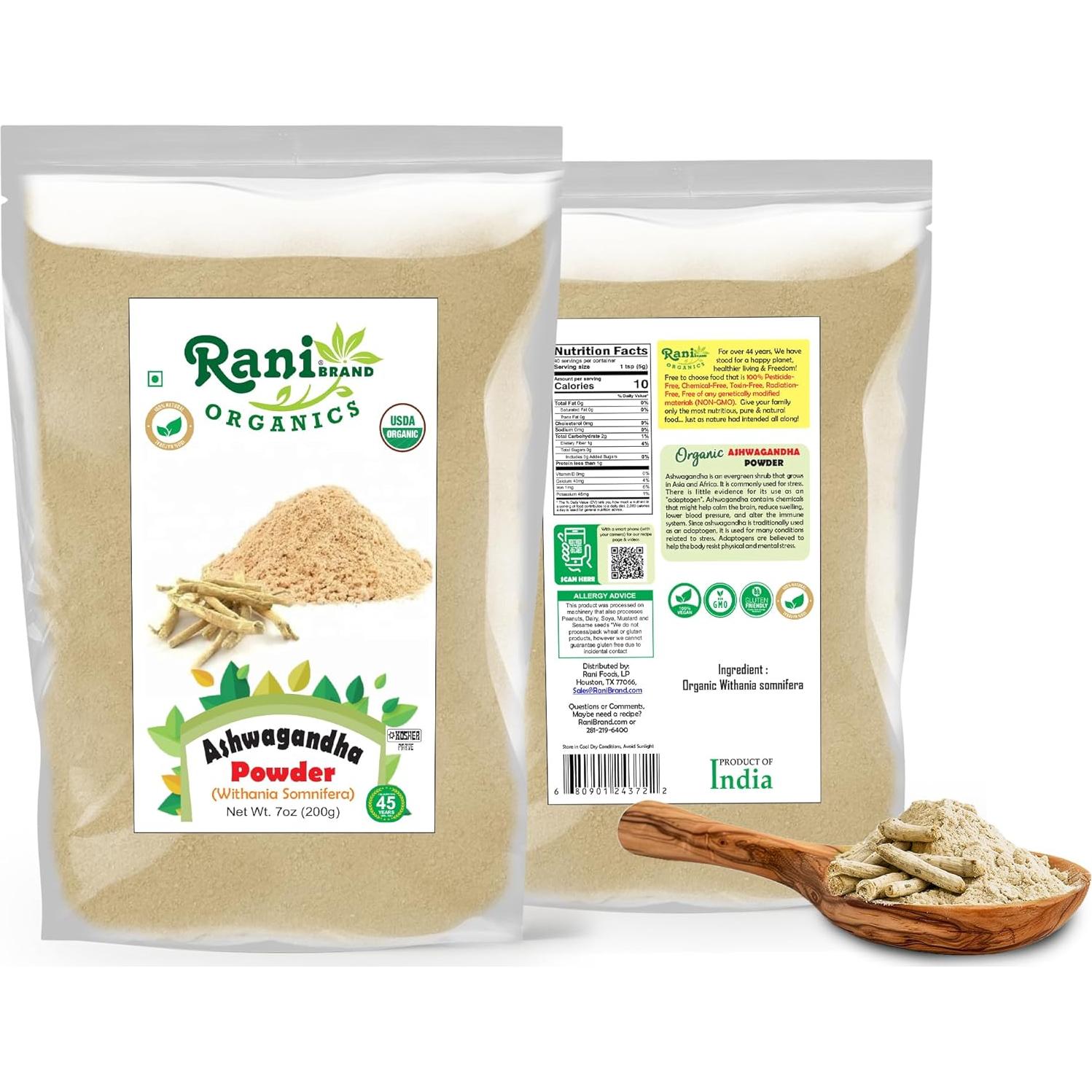 Polvo de Ashwagandha Orgánico Rani 200g - Sin Gluten, Vegano