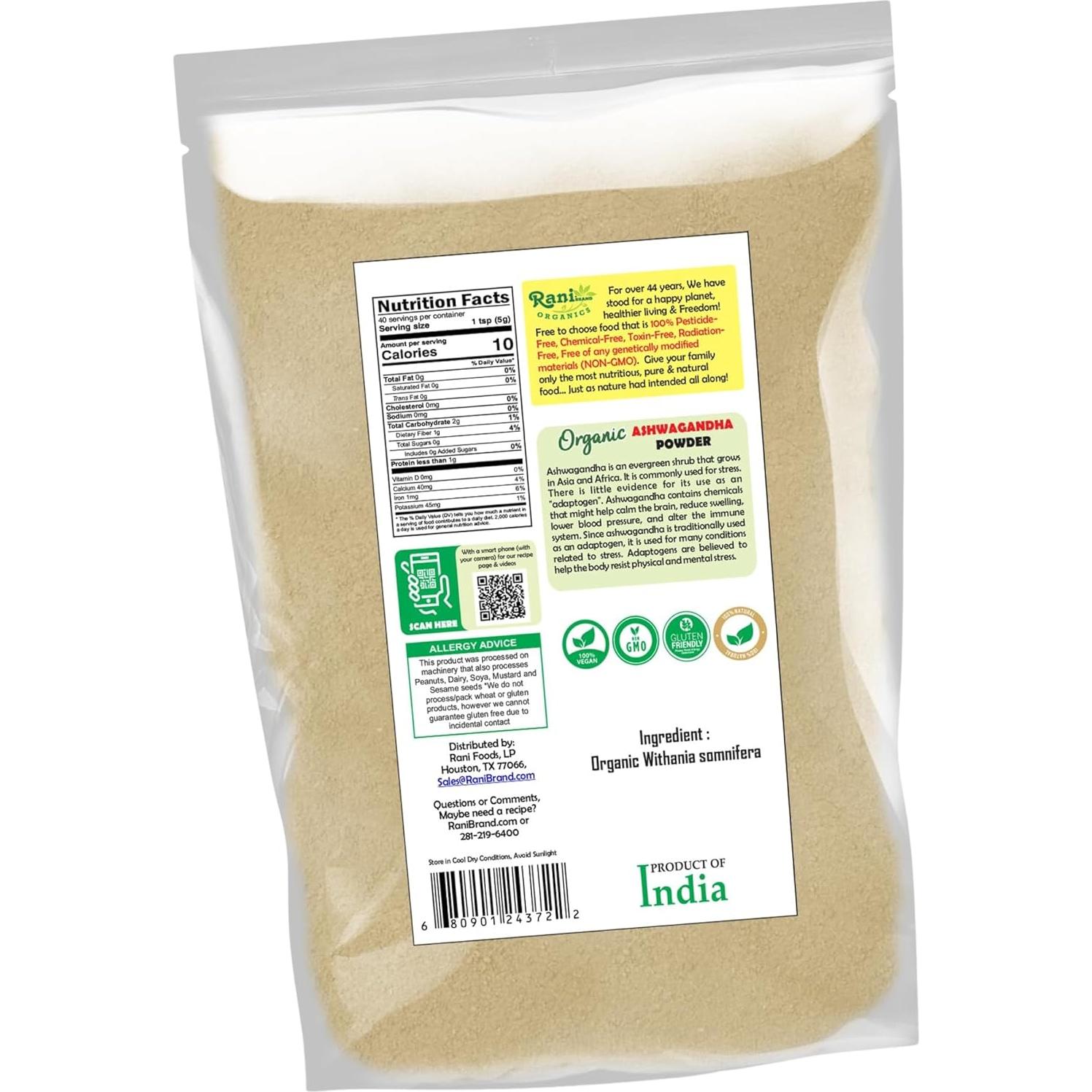 Polvo de Ashwagandha Orgánico Rani 200g - Sin Gluten, Vegano