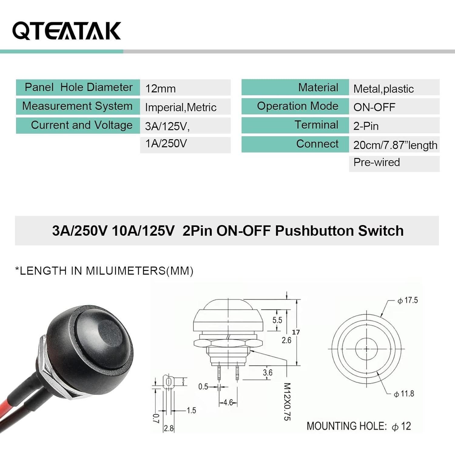 Interruptor Botón Pulsador Redondo QTEATAK JF-33B 12mm Impermeable
