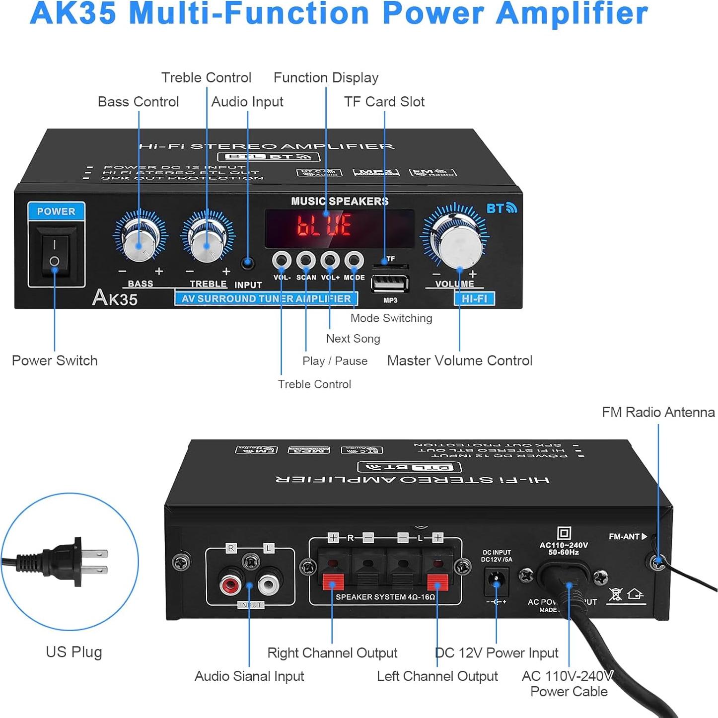 Amplificador de Audio DideaECO AK-35 Bluetooth 30W 2.0 Canal