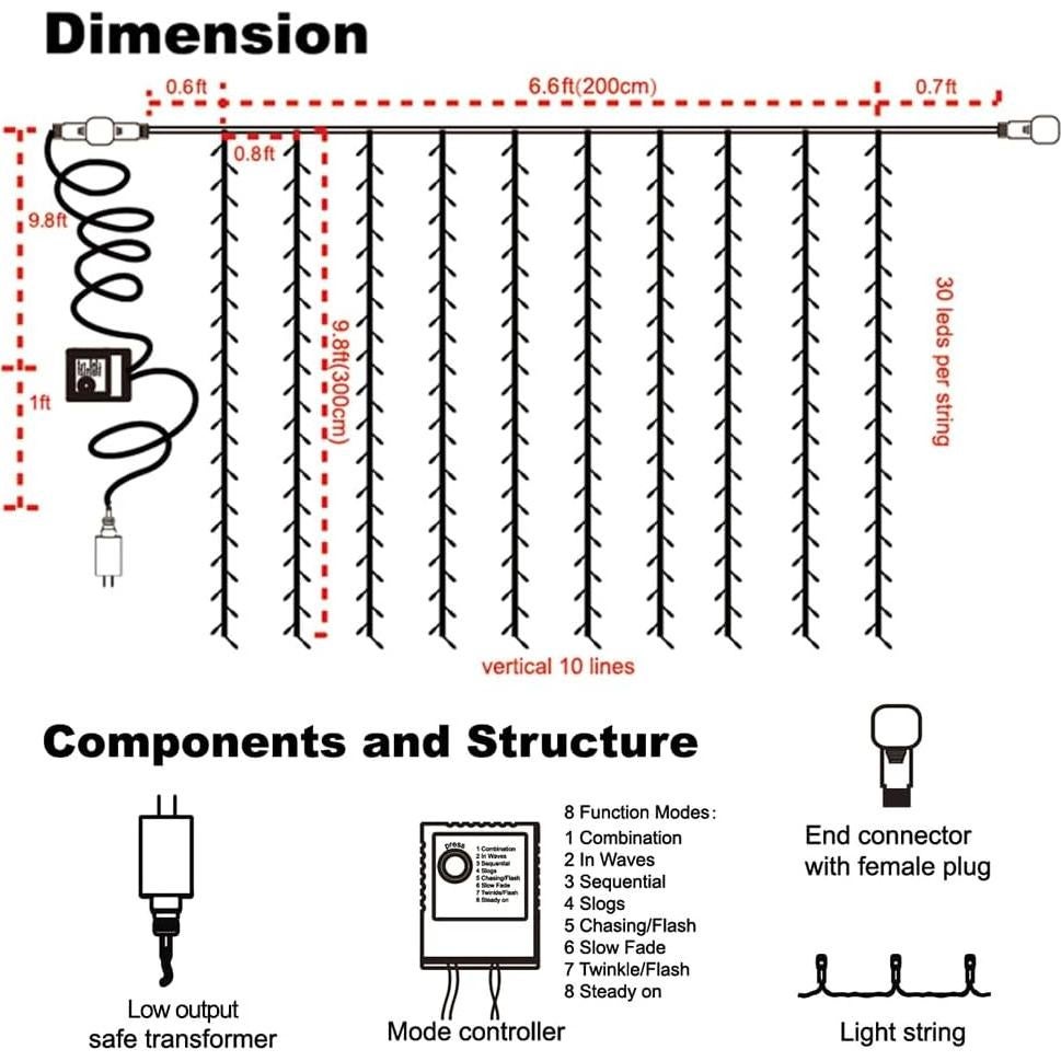 Luz de Cortina LED 300 Linhai, Control Remoto, 8 Modos, 2.01x2.99m
