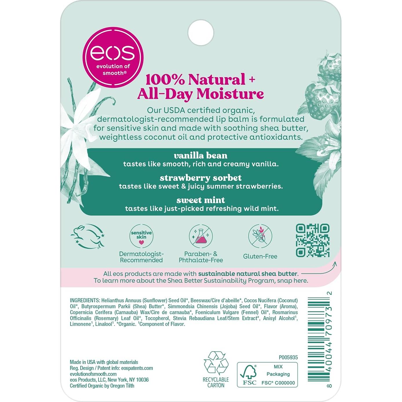 Bálsamo Labial Natural eos 3-Pack - Vainilla, Menta, Fresa