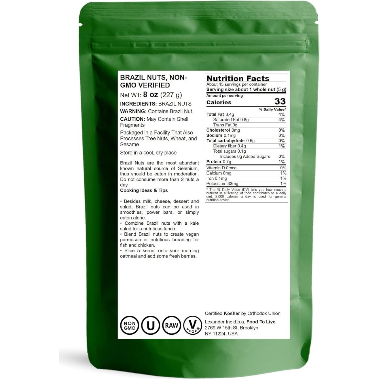 Nueces de Brasil Food to Live 227g Crudas Sin OGM Veganas