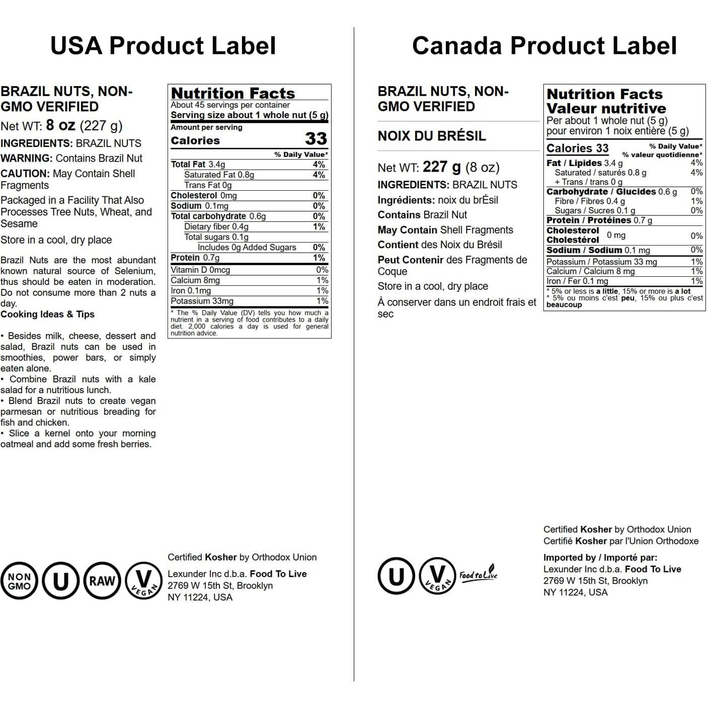 Nueces de Brasil Food to Live 227g Crudas Sin OGM Veganas