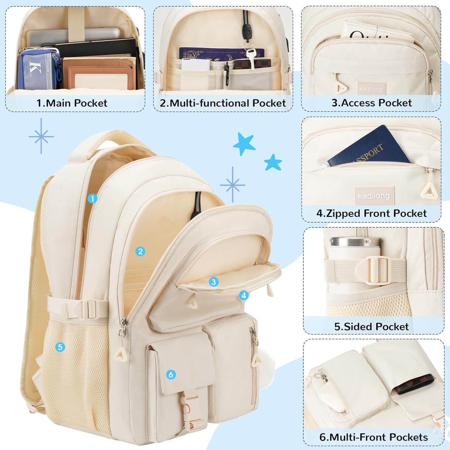 Mochila Escolar Kadilong Beige 45x31x17 cm para Chicas