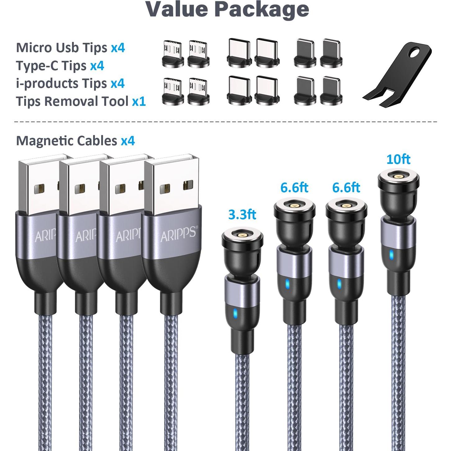Cable de Carga Magnético 4 en 1 Aripps 1-3m Nylon Trenzado