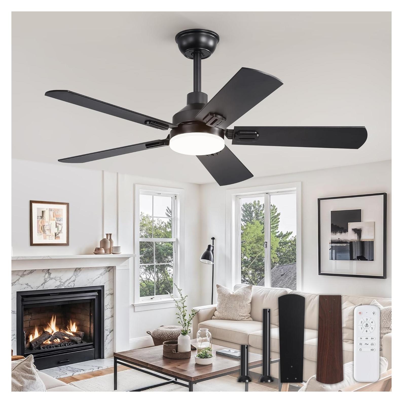 Ventilador de Techo ZMISHIBO 44" Negro con Luz LED y Control Remoto