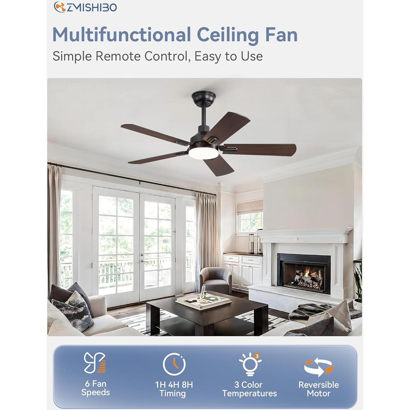 Ventilador de Techo ZMISHIBO 44" Negro con Luz LED y Control Remoto