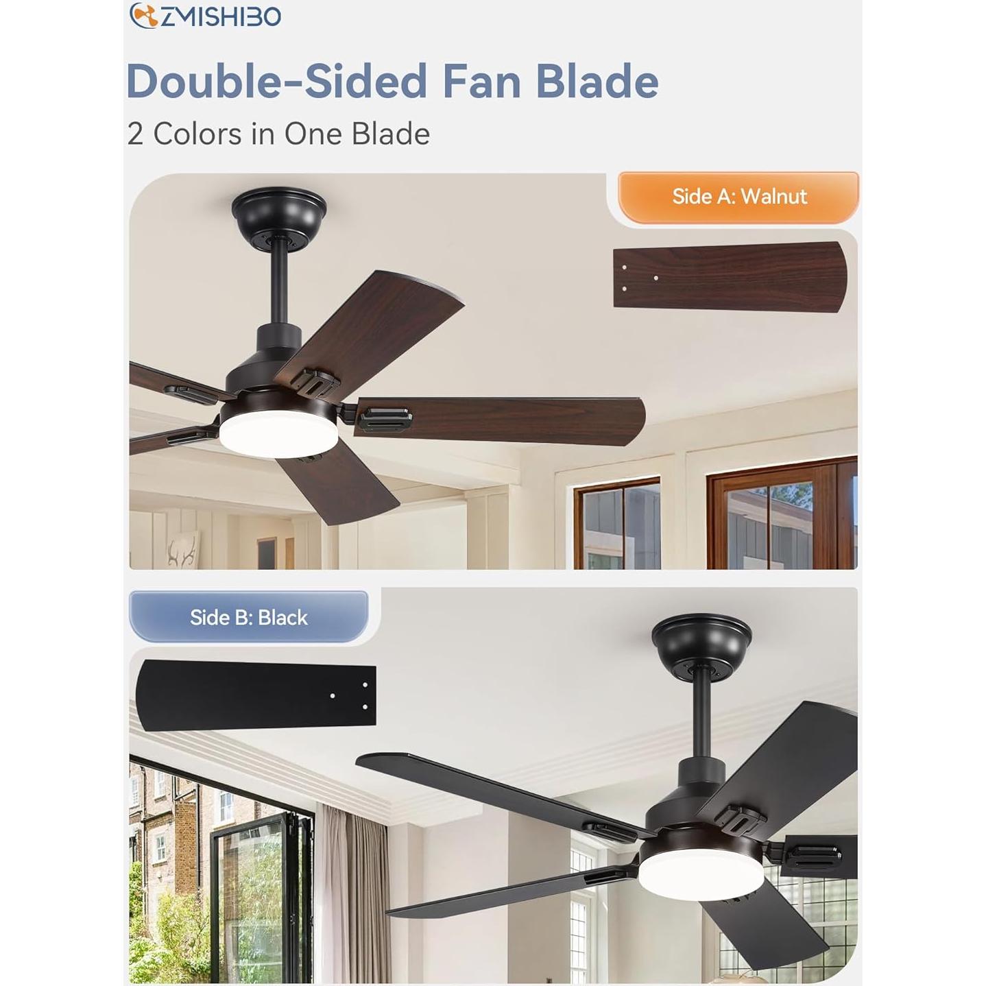 Ventilador de Techo ZMISHIBO 44" Negro con Luz LED y Control Remoto