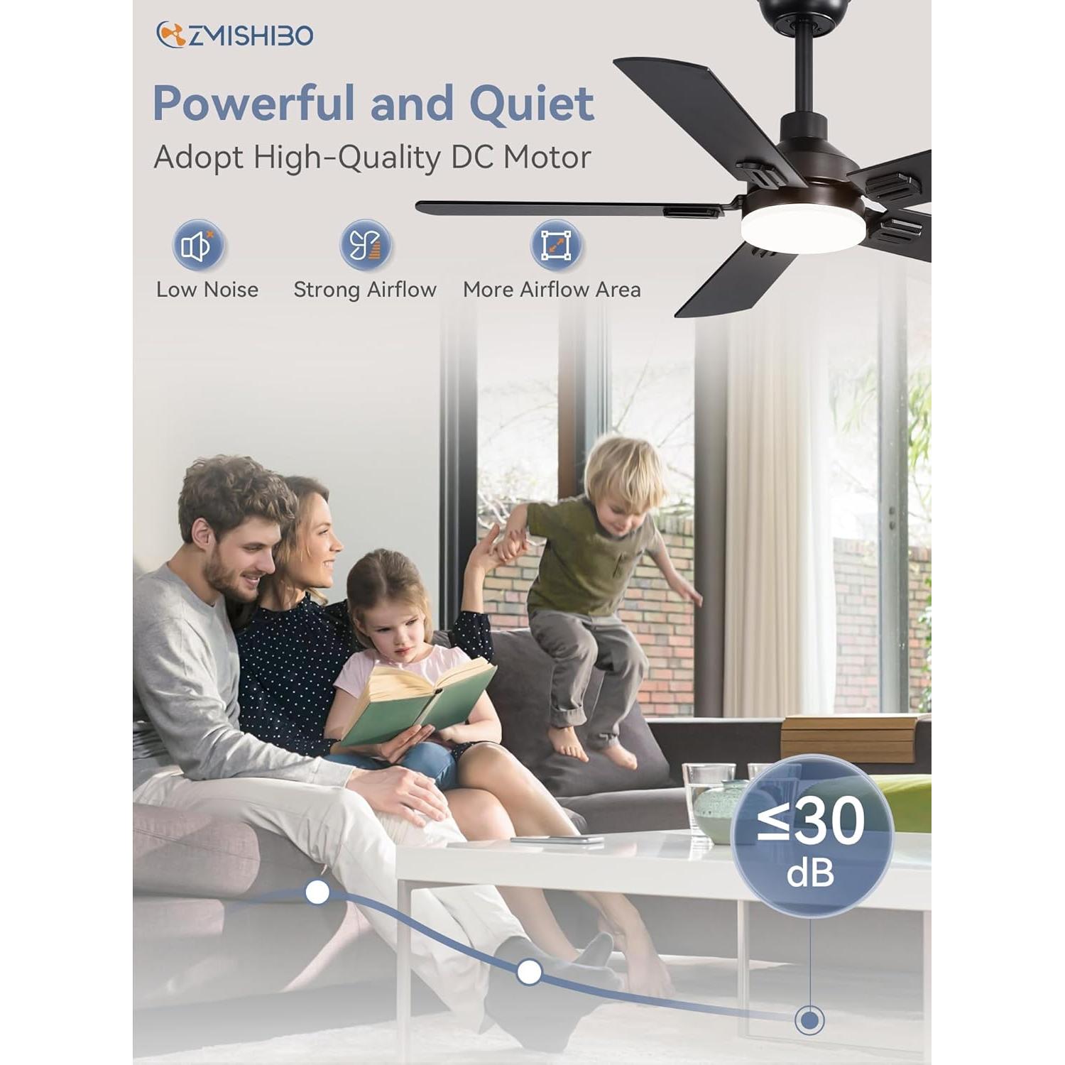 Ventilador de Techo ZMISHIBO 44" Negro con Luz LED y Control Remoto