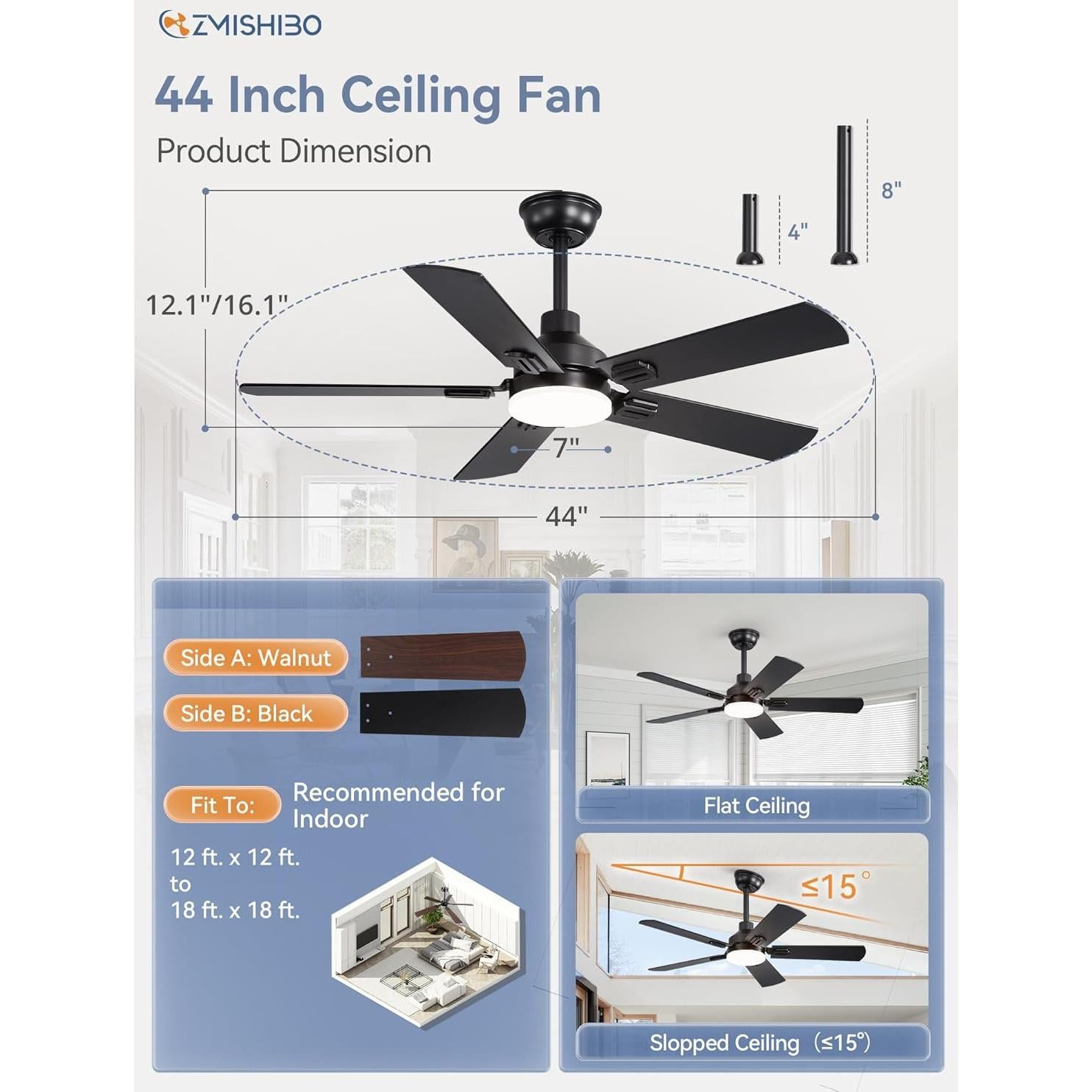 Ventilador de Techo ZMISHIBO 44" Negro con Luz LED y Control Remoto