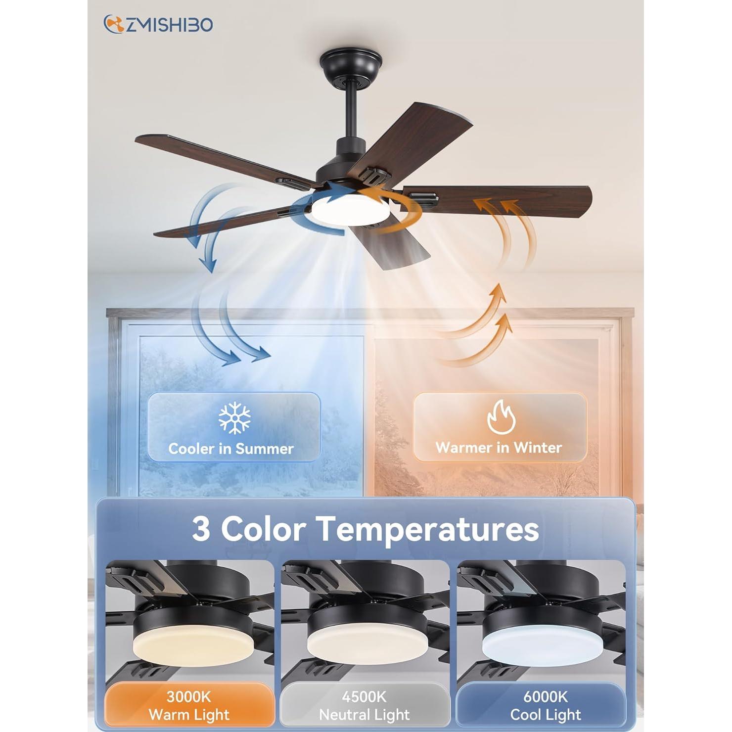 Ventilador de Techo ZMISHIBO 44" Negro con Luz LED y Control Remoto