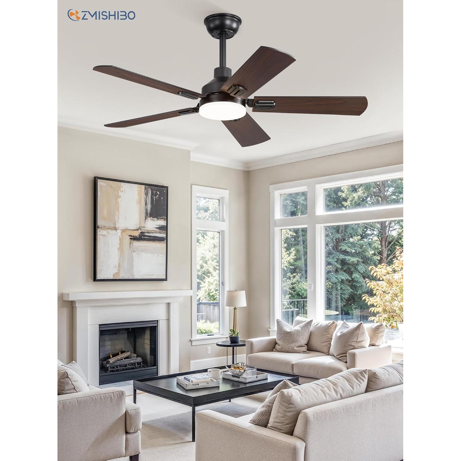 Ventilador de Techo ZMISHIBO 44" Negro con Luz LED y Control Remoto