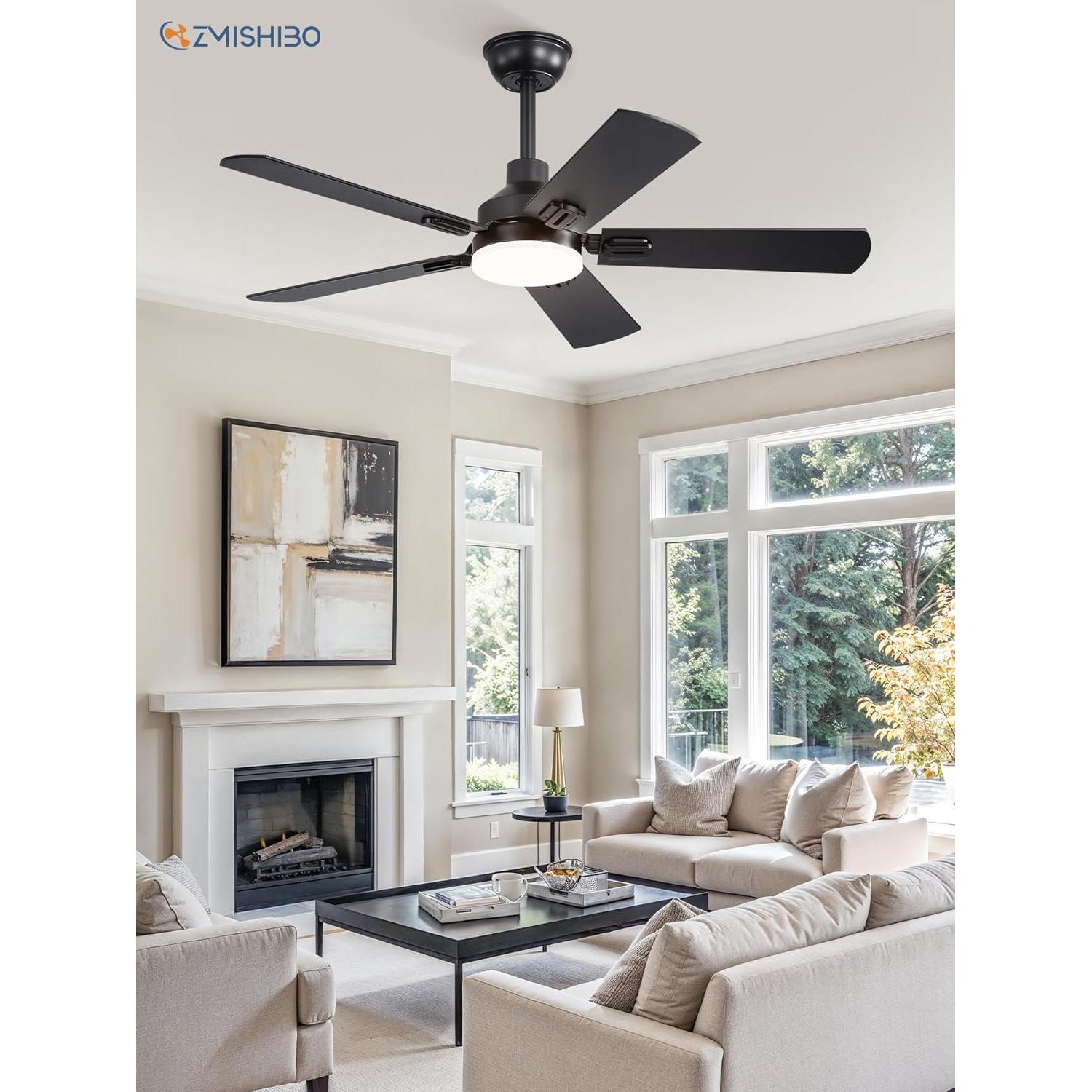 Ventilador de Techo ZMISHIBO 44" Negro con Luz LED y Control Remoto