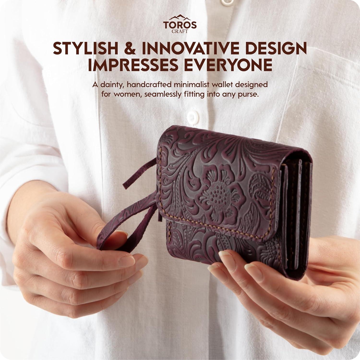 Cartera de Muñeca Hecha a Mano Toros Craft Cuero Floral Púrpura