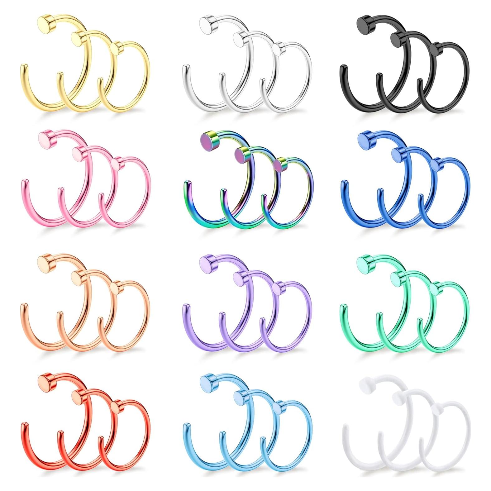 Drperfect 18/20/22G 36PCS 316L Stainless Steel Nose Rings Hoops Nose Piercing Jewelry for Women Men Colored Hoop Nose Ring 6mm 8mm 10mm 12mm