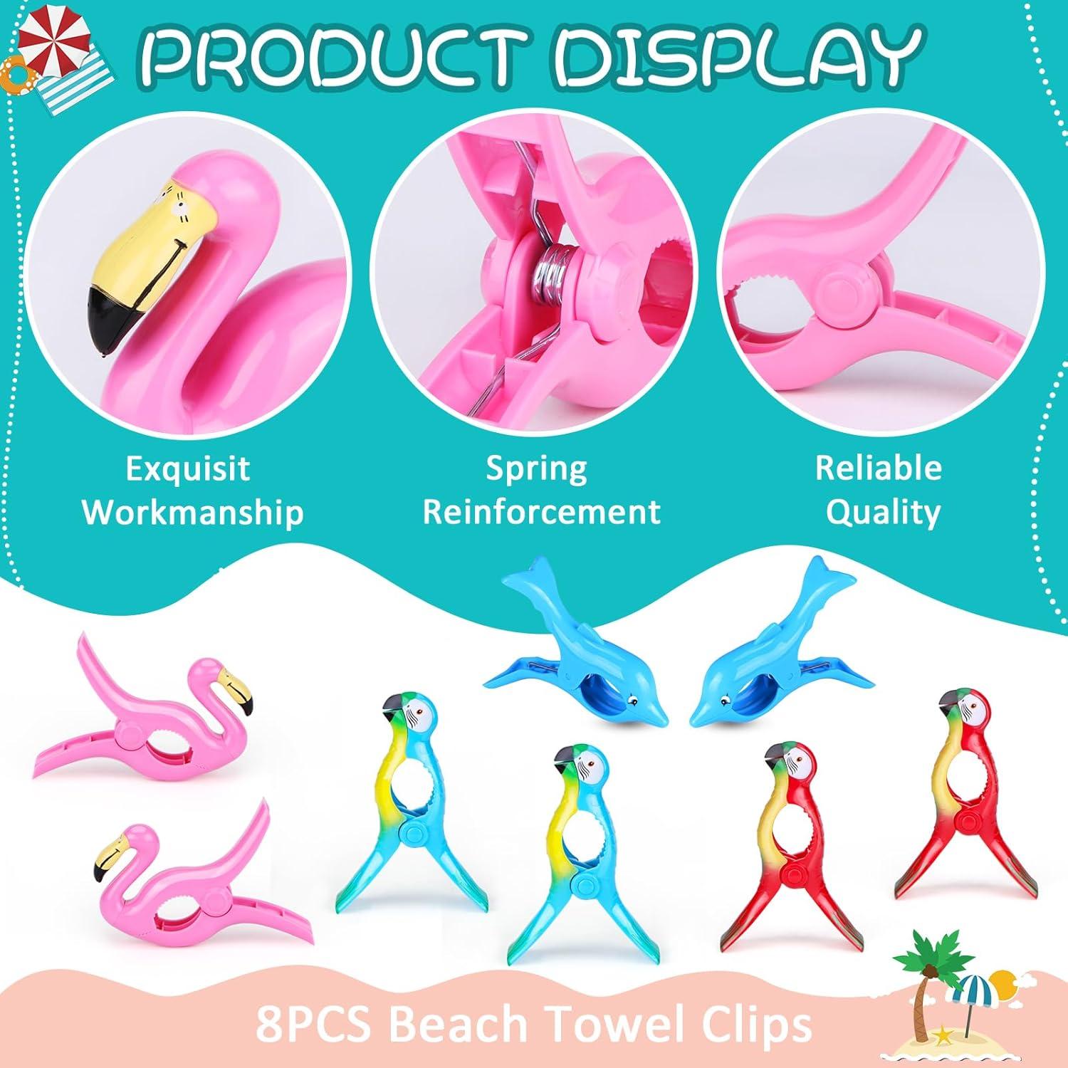8 Clips para Toallas de Playa Piklodo - Flamenco y Loro