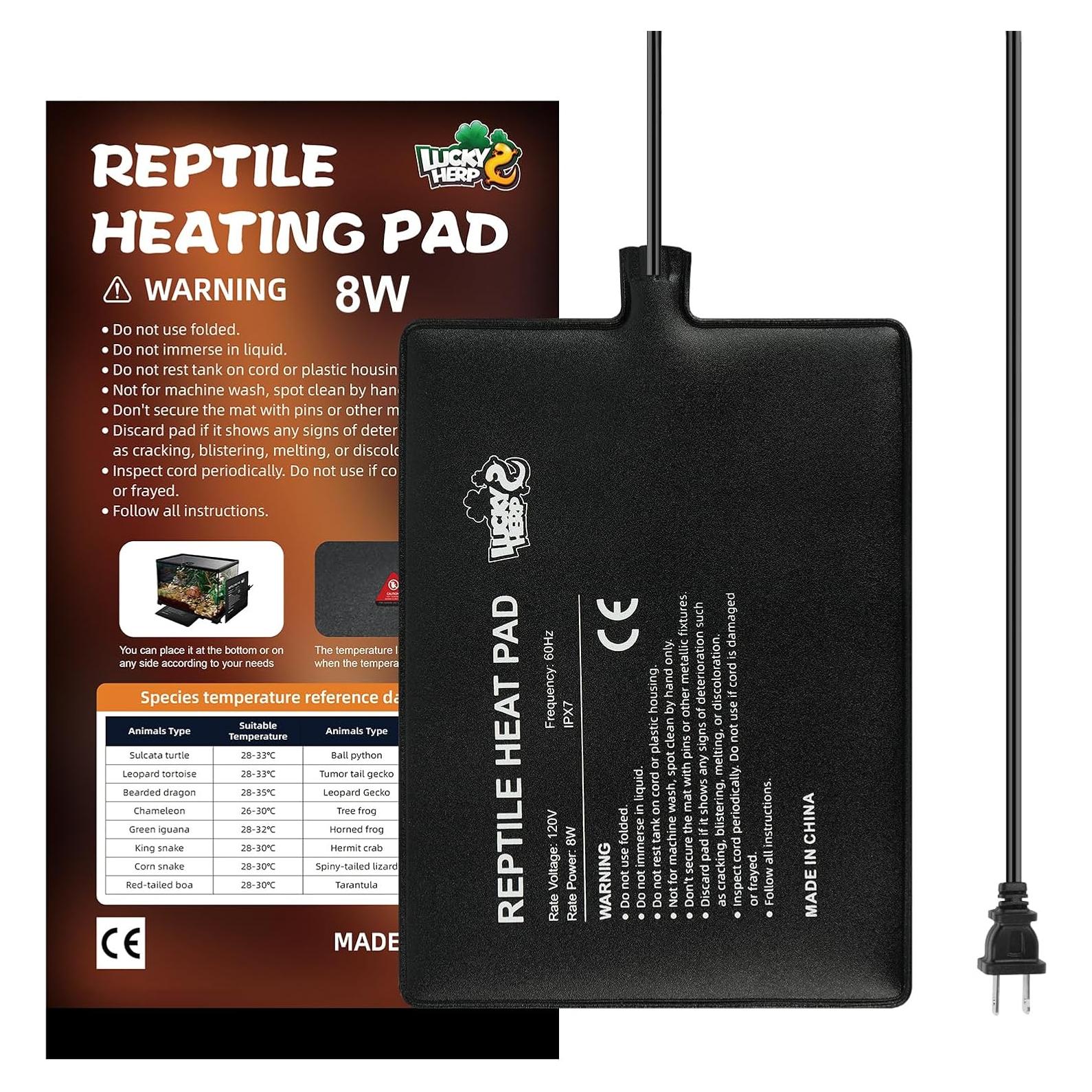 LUCKY HERP Reptile Heat Pad 6x8 Inch 8W Under Tank Terrarium Heating Mat, Reptile Heat Mat, Reptile Heating Pad for Turtle, Lizard, Hermit Crab, Frog, Snake