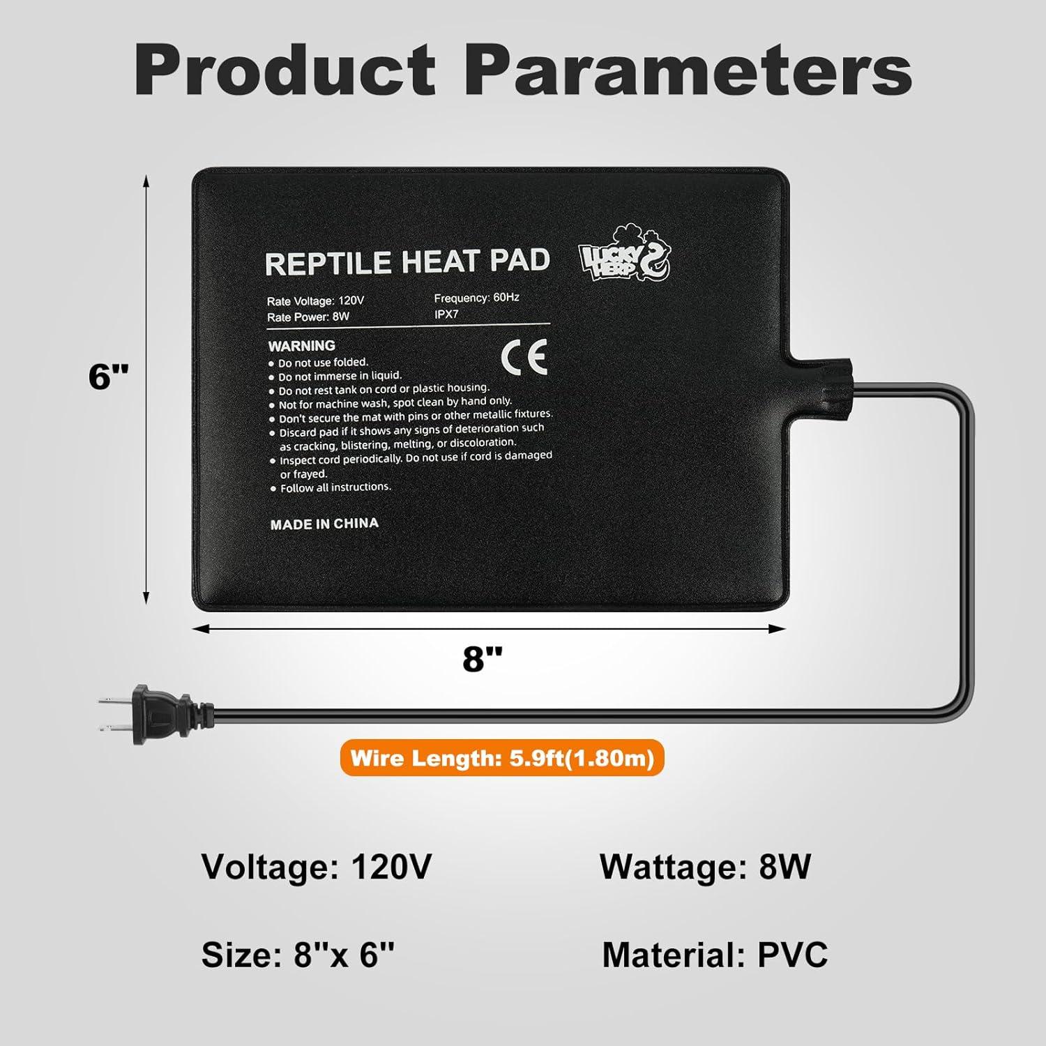 LUCKY HERP Reptile Heat Pad 6x8 Inch 8W Under Tank Terrarium Heating Mat, Reptile Heat Mat, Reptile Heating Pad for Turtle, Lizard, Hermit Crab, Frog, Snake