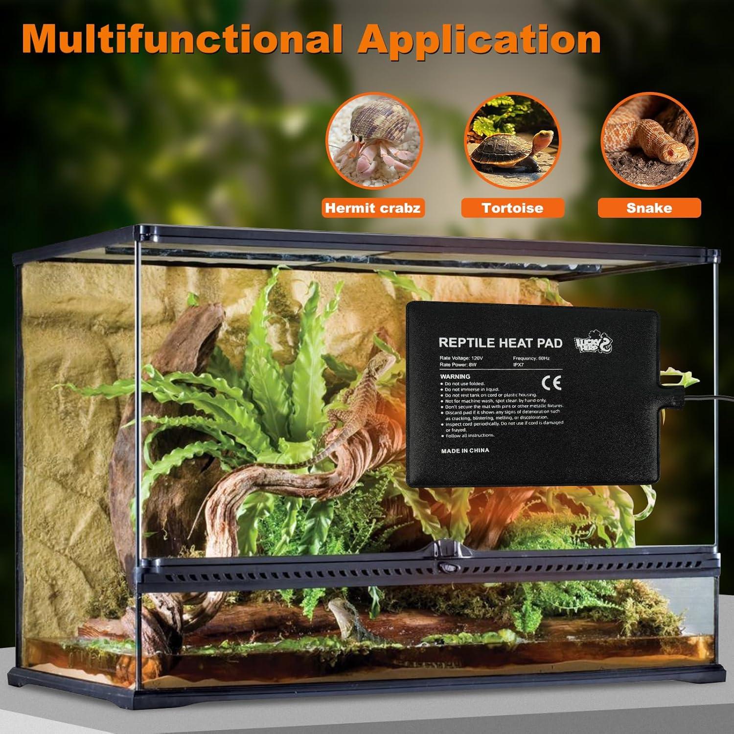 LUCKY HERP Reptile Heat Pad 6x8 Inch 8W Under Tank Terrarium Heating Mat, Reptile Heat Mat, Reptile Heating Pad for Turtle, Lizard, Hermit Crab, Frog, Snake