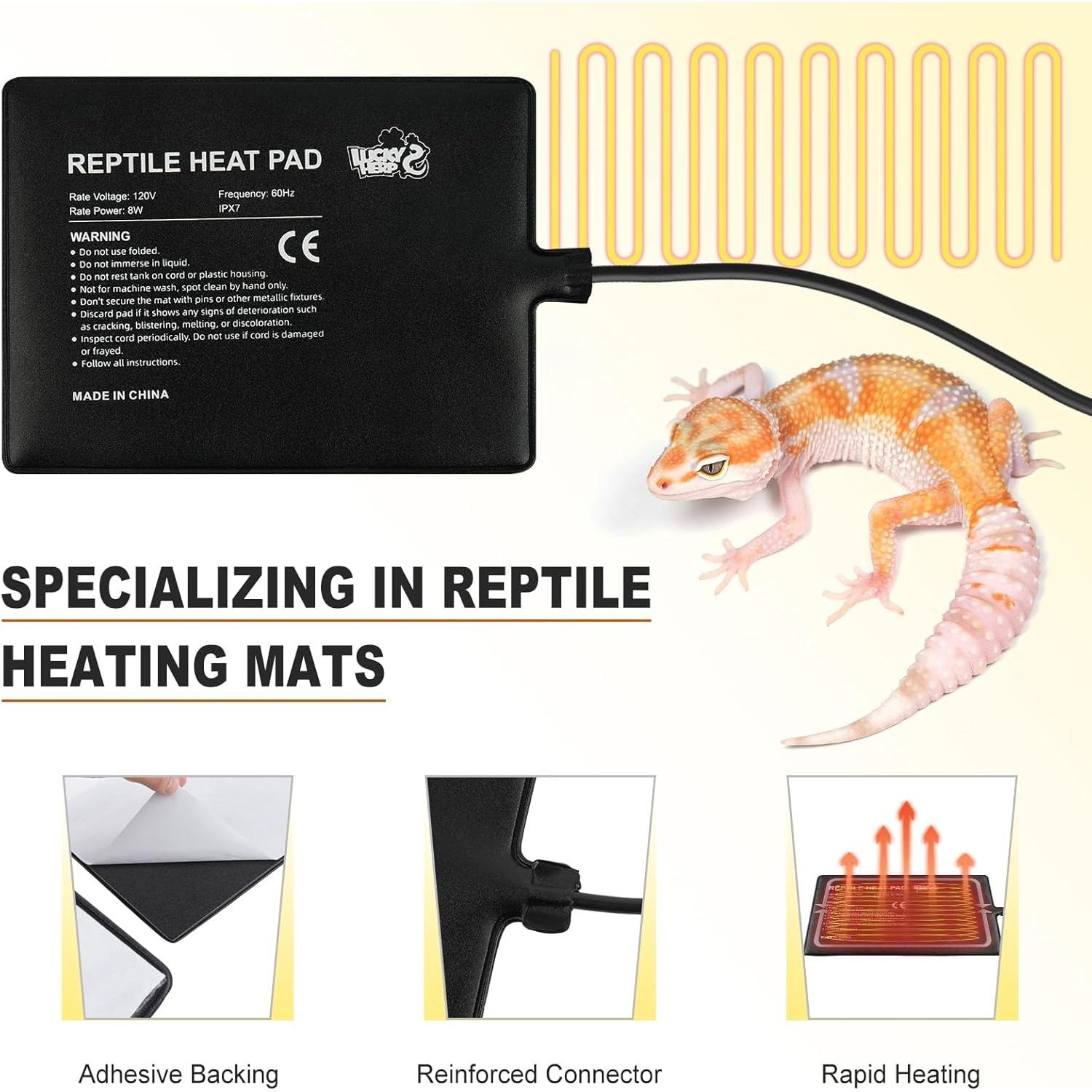 LUCKY HERP Reptile Heat Pad 6x8 Inch 8W Under Tank Terrarium Heating Mat, Reptile Heat Mat, Reptile Heating Pad for Turtle, Lizard, Hermit Crab, Frog, Snake