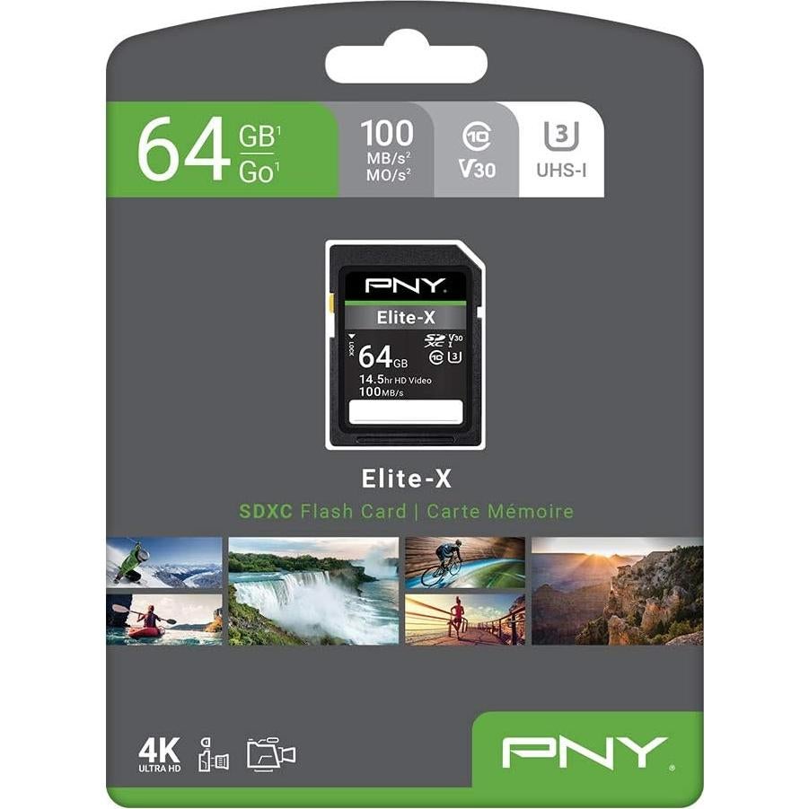 Tarjeta de Memoria PNY 64GB Elite-X SDXC Clase 10 U3 V30 100MB/s