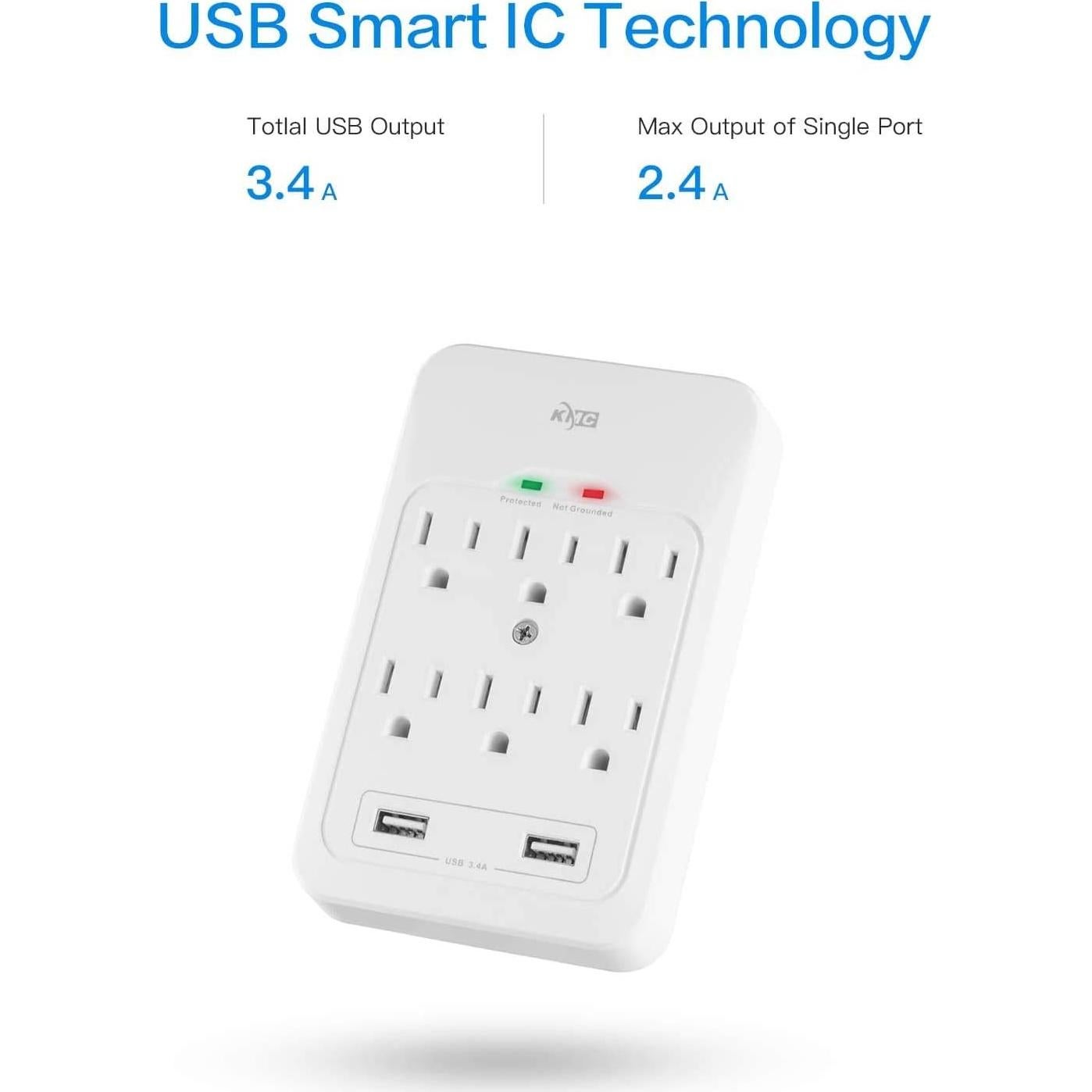 KMC Protector de Sobretensión 6 Salidas 2 USB 3.4A 980J Blanco