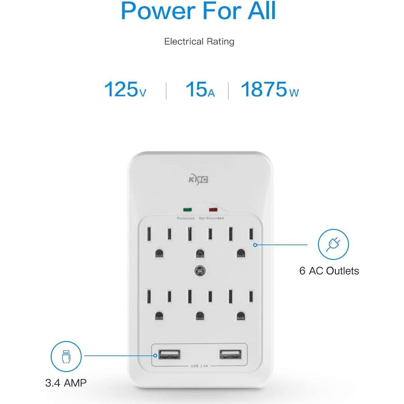 KMC Protector de Sobretensión 6 Salidas 2 USB 3.4A 980J Blanco