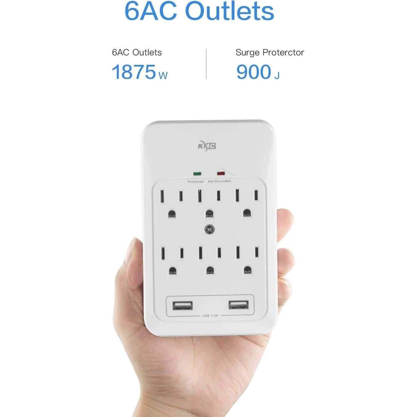 KMC Protector de Sobretensión 6 Salidas 2 USB 3.4A 980J Blanco