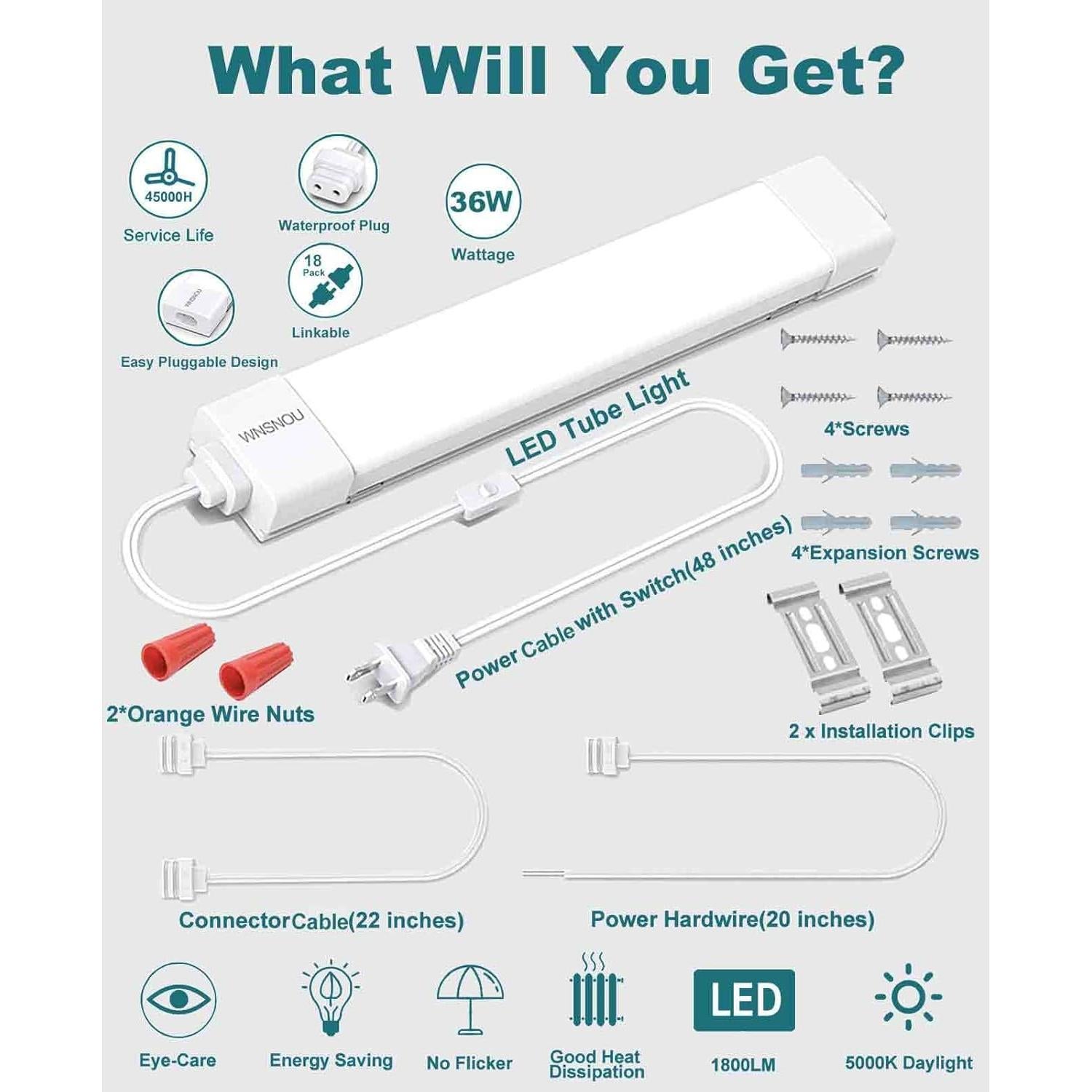 Luz de tubo LED WNSNOU 1.4FT 1800LM IP66 para gabinete