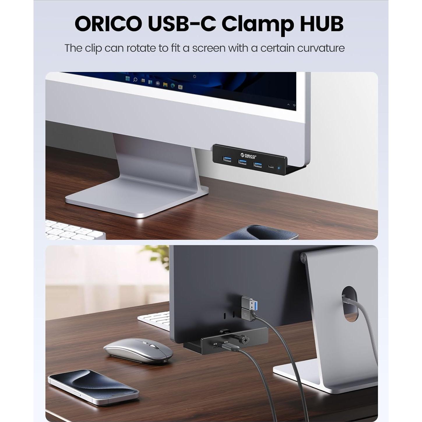 Hub USB 3.0 ORICO con Abrazadera y Puerto USB-C Negro