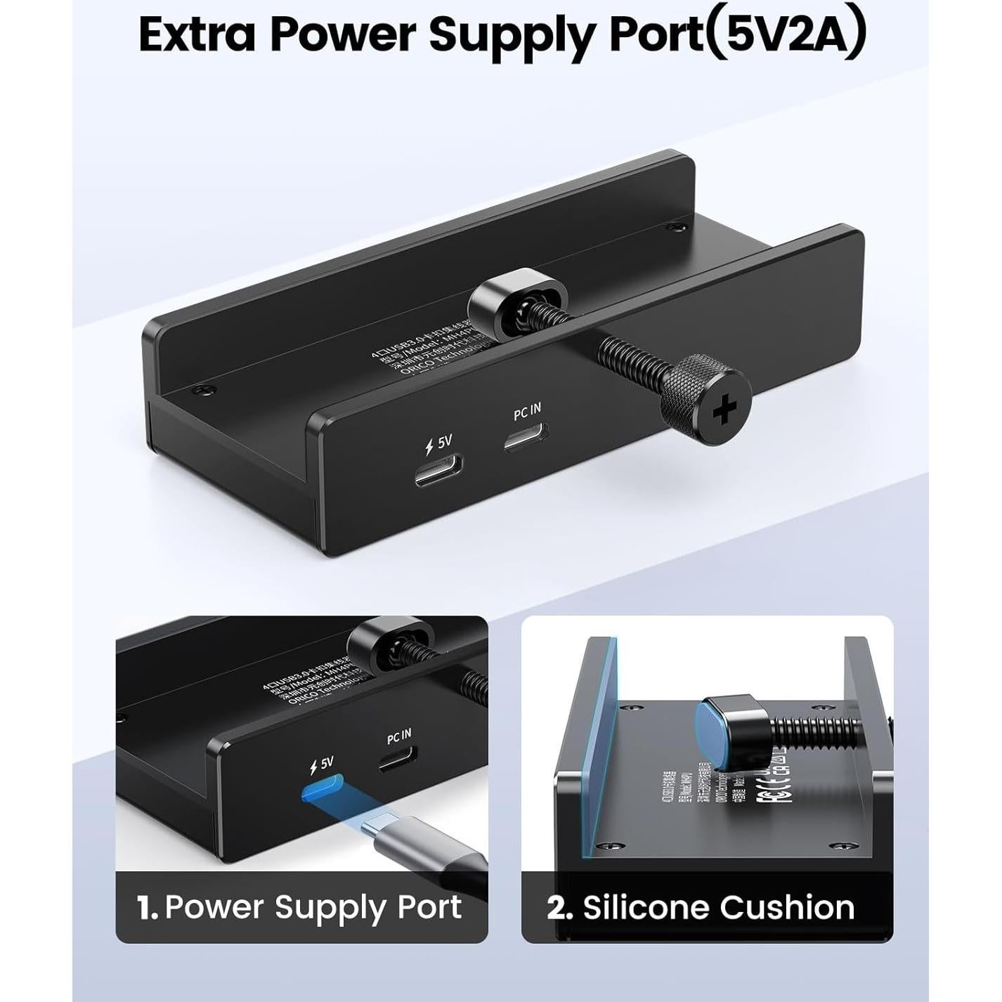 Hub USB 3.0 ORICO con Abrazadera y Puerto USB-C Negro