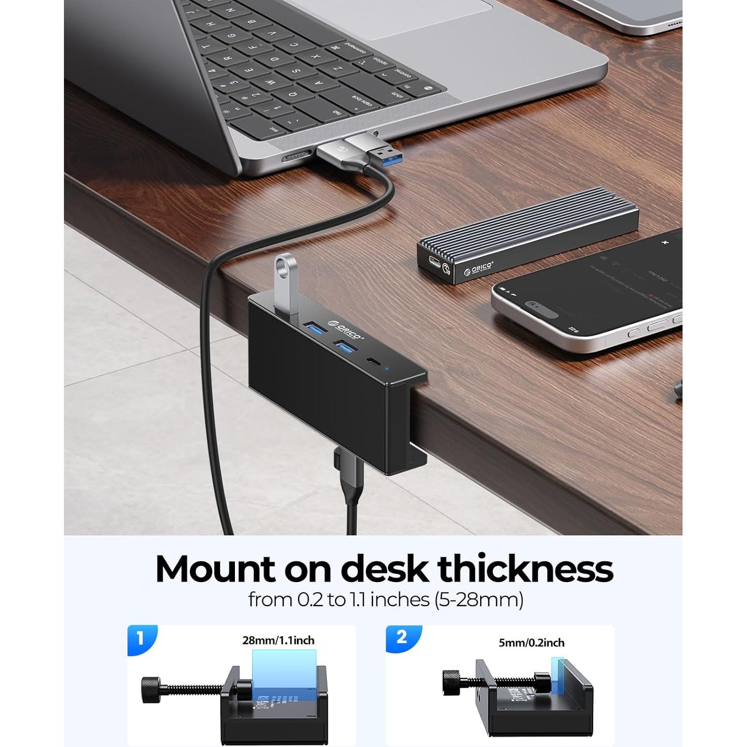 Hub USB 3.0 ORICO con Abrazadera y Puerto USB-C Negro